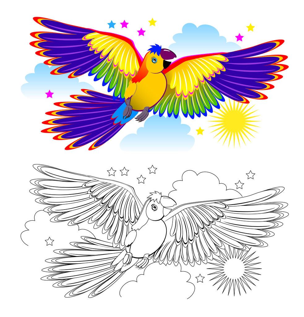 Colorful and black and white page for coloring book for kids. Fantasy drawing of cute parrot flying on the sky. Printable worksheet for children and adults. Hand-drawn vector image. - Vector, Image
