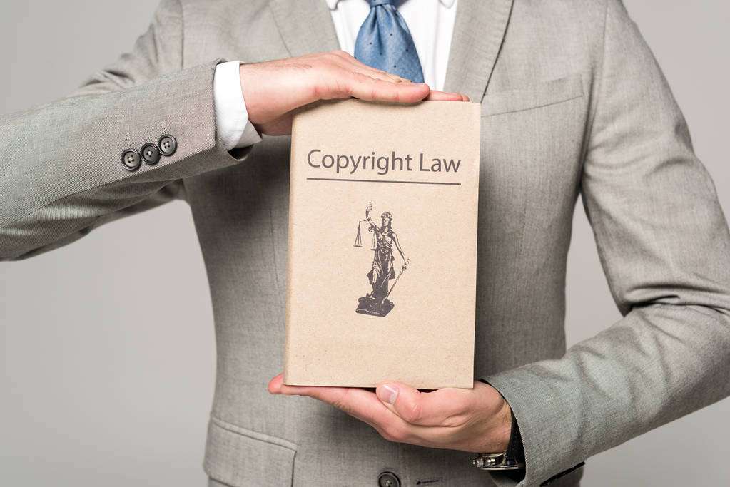 обрізаний погляд на адвоката, який тримає книгу з авторським правом, ізольовано на сірому
 - Фото, зображення