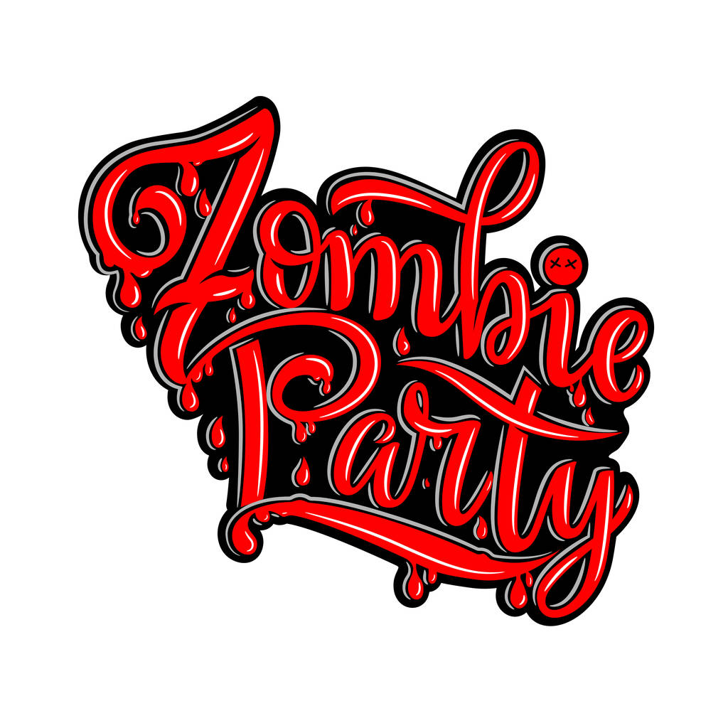 Vektorová ilustrace textu Zombie party pro pozvání na párty, pohlednice, banner. Ručně psaná dovolená kaligrafie zombie party plakát, odznak šablony. Typografie písmen halloween ilustrace - Vektor, obrázek