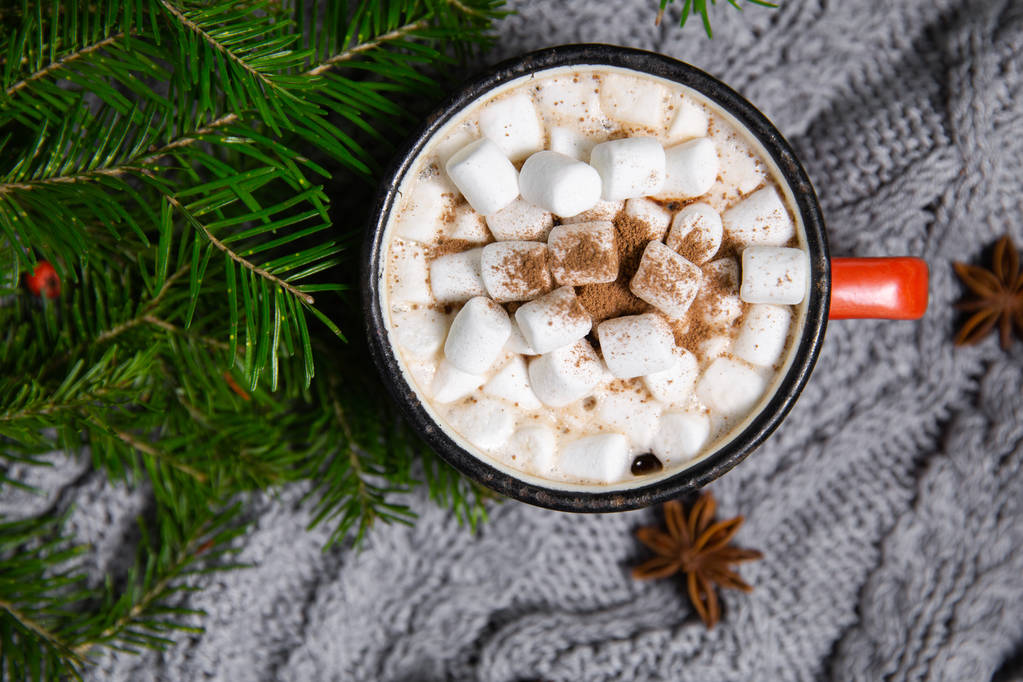 Cacaodrank in mok met marshmallow op winterachtergrond met anijs en kaneel - Foto, afbeelding
