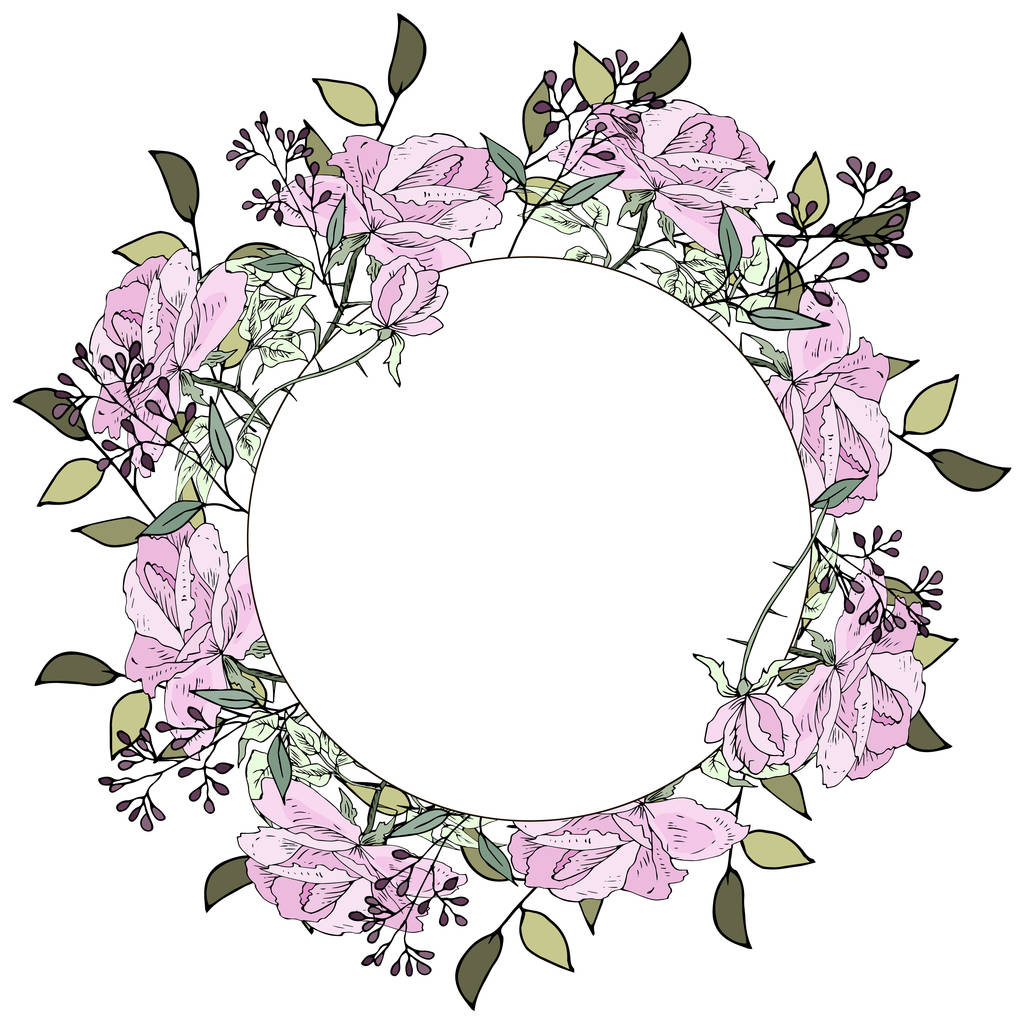 proste okrągłe ilustracja różowe róże z zielonymi liśćmi na białym tle - Wektor, obraz