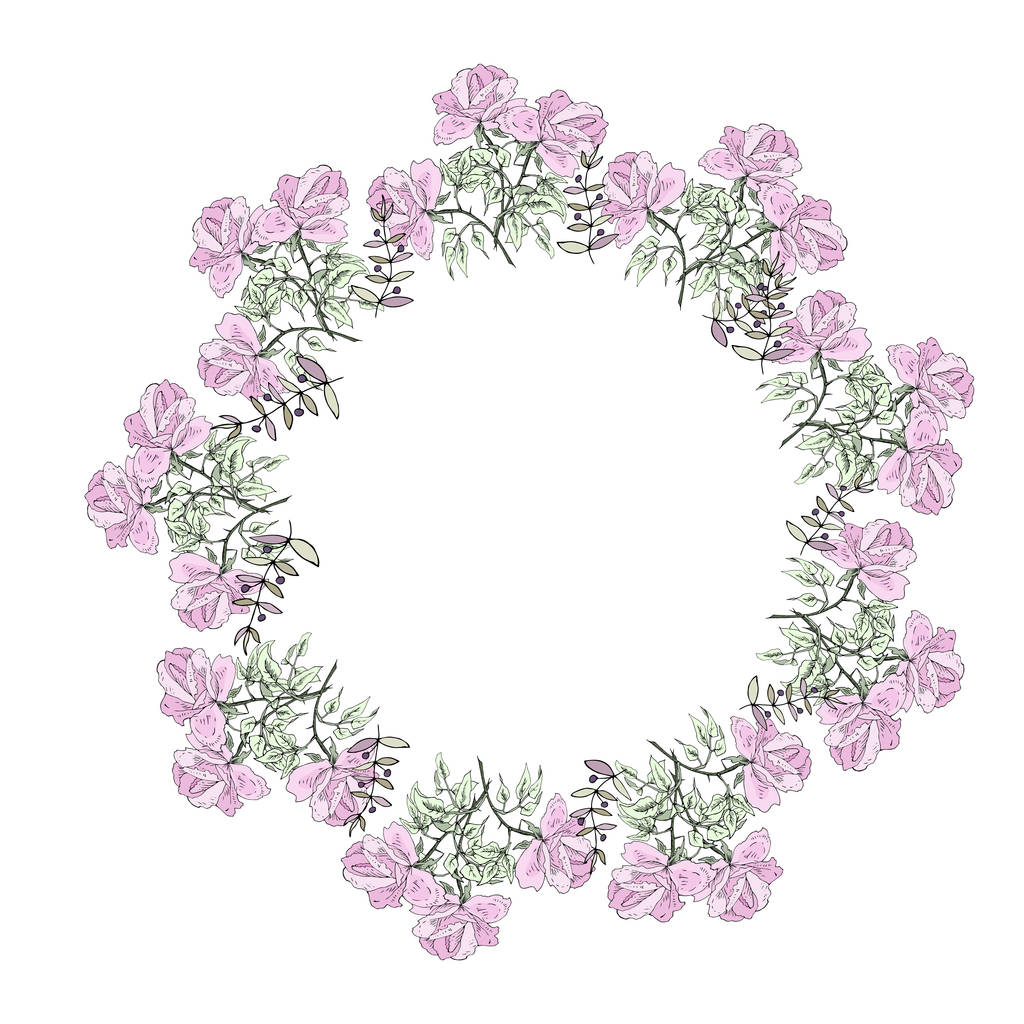 einfache runde Illustration rosa Rosen mit grünen Blättern auf weißem Hintergrund - Vektor, Bild