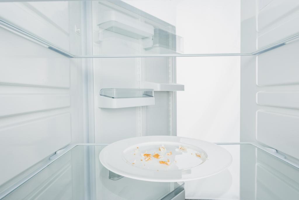 Πιάτο με ψίχουλα στο ψυγείο με ανοιχτή πόρτα απομονωμένη σε λευκό - Φωτογραφία, εικόνα