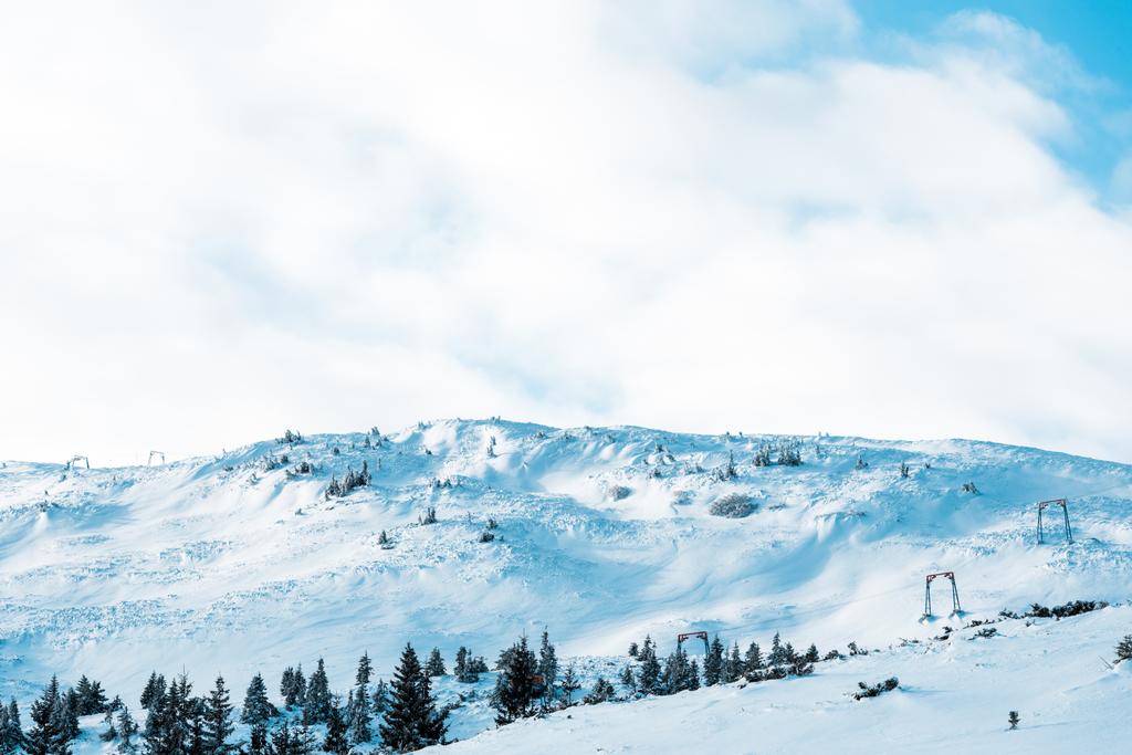 malerischer Blick auf den schneebedeckten Berg mit Kiefern in weißen, flauschigen Wolken - Foto, Bild