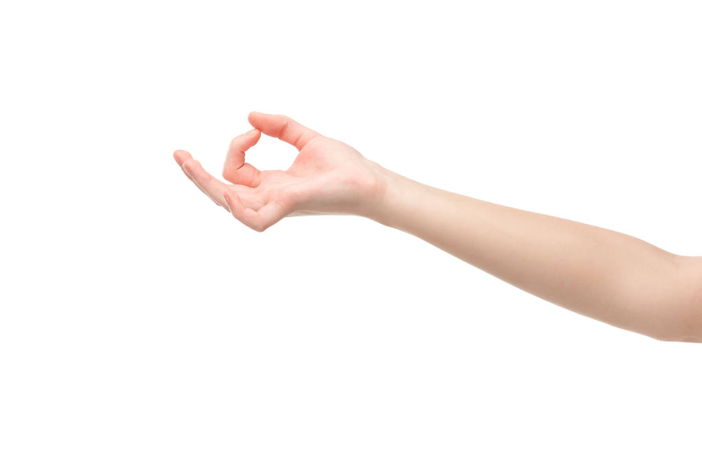 vista cortada da mulher mostrando gesto ok isolado no branco
  - Foto, Imagem