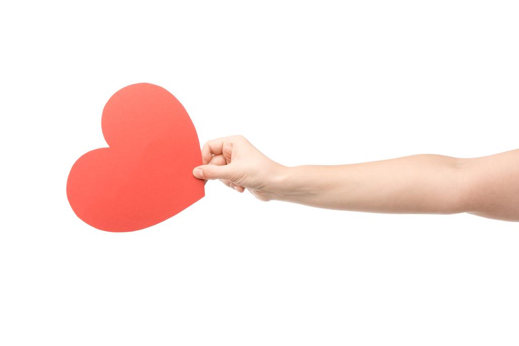 cropped view of woman holding heart-shaped card isolated on white  - Photo, Image