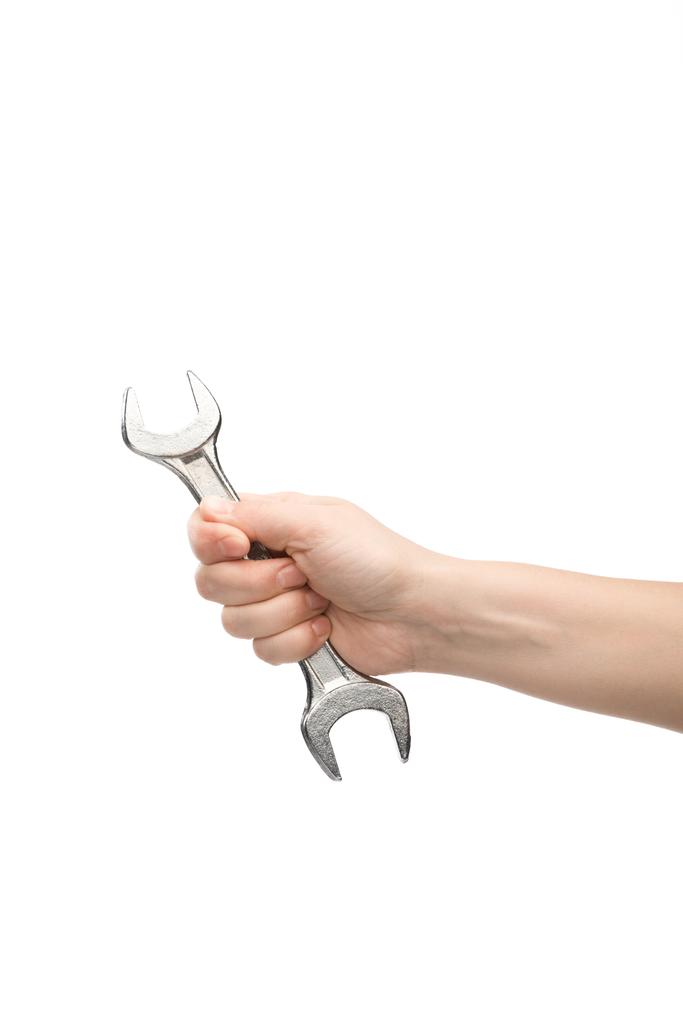 cropped view of woman holding spanner isolated on white  - Photo, Image