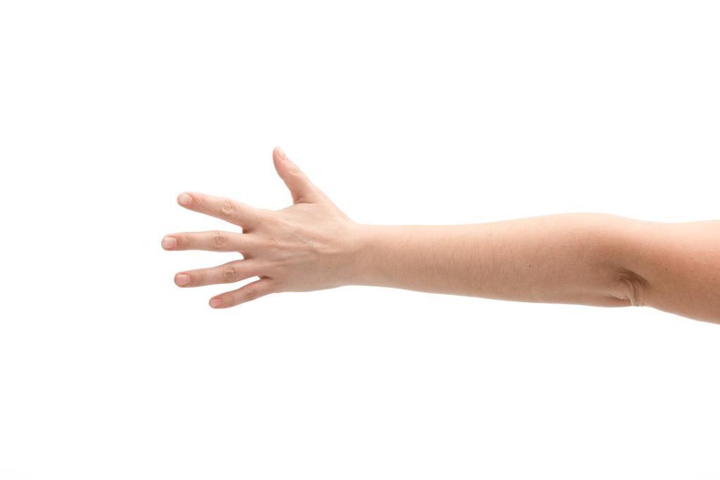 cropped view of woman with outstretched hand isolated on white - Photo, Image