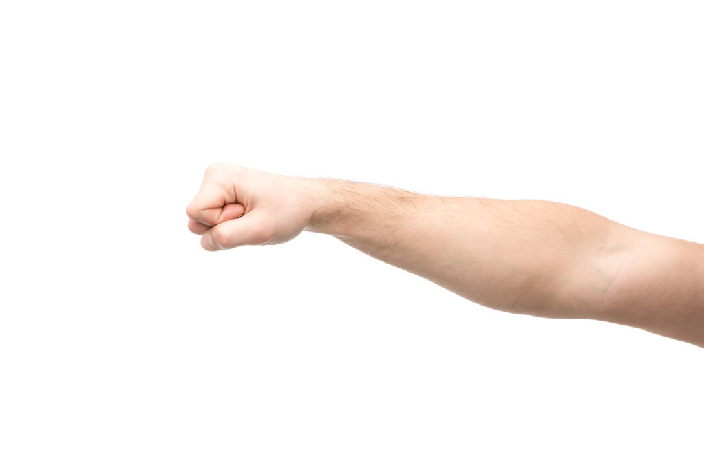 cropped view of man showing fist isolated on white - Photo, Image