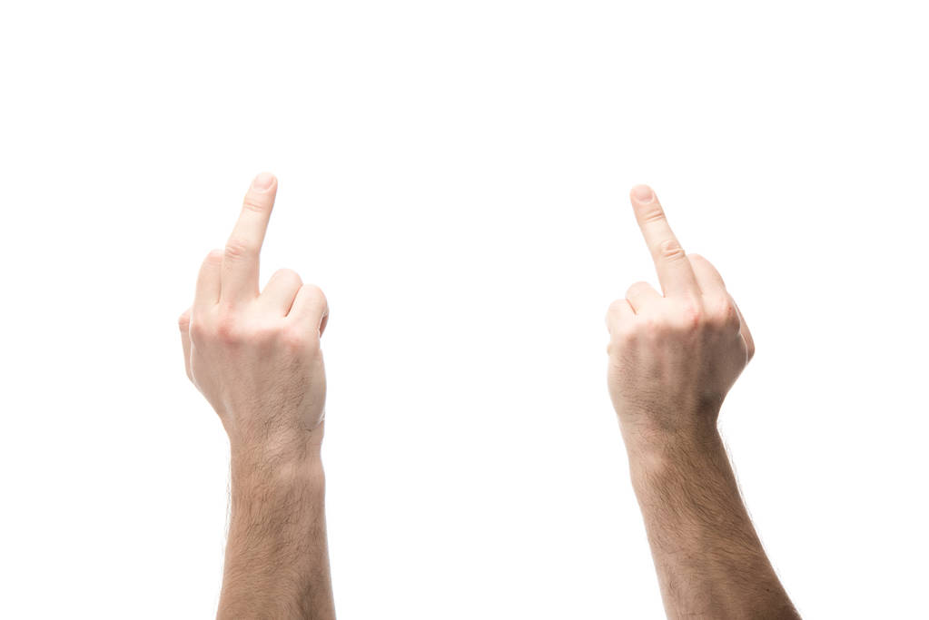cropped view of man showing middle fingers isolated on white - Photo, Image