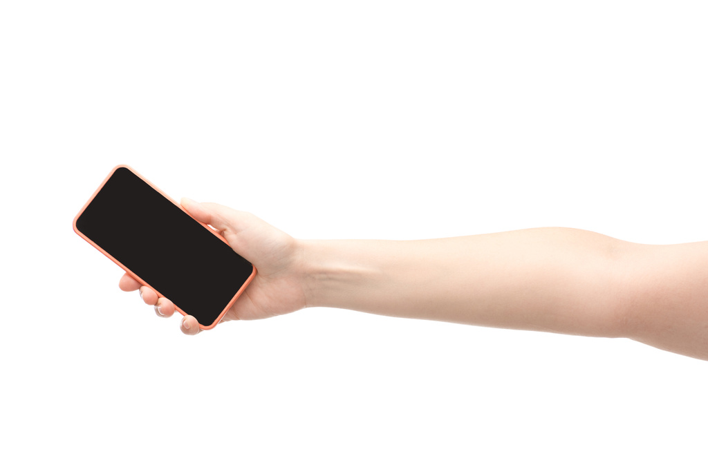 vista cortada de mulher segurando smartphone isolado no branco
 - Foto, Imagem