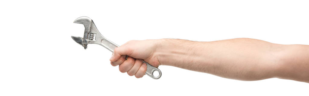 panoramic shot of man holding spanner isolated on white - Photo, Image