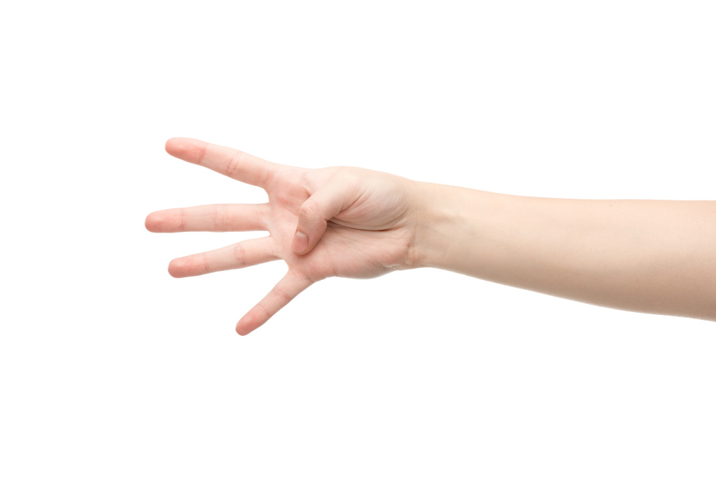 recortado vista de la mujer que muestra cuatro dedos gesto aislado en blanco
 - Foto, Imagen