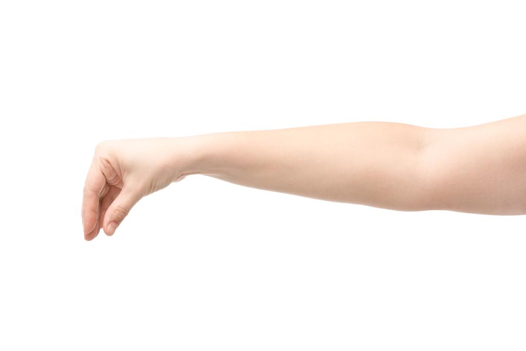 oříznutý pohled na ženu ukazující gesto držení izolované na bílém - Fotografie, Obrázek