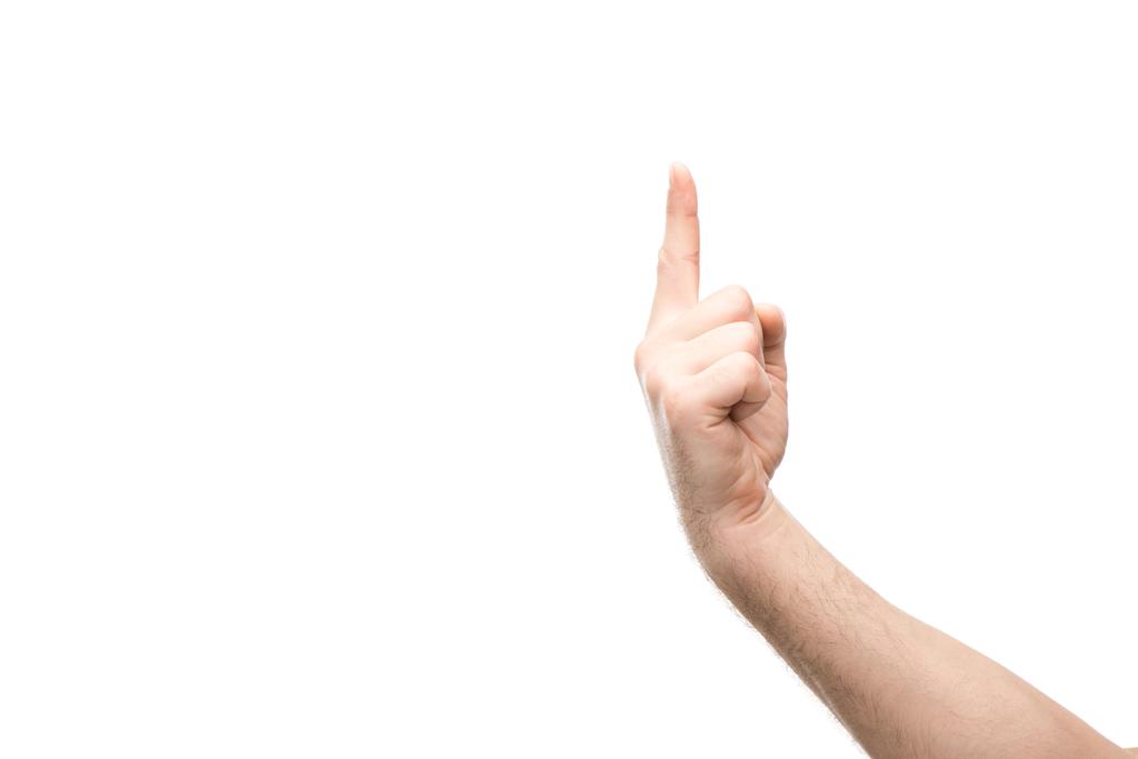 vue recadrée de l'homme montrant un geste du doigt isolé sur blanc
 - Photo, image