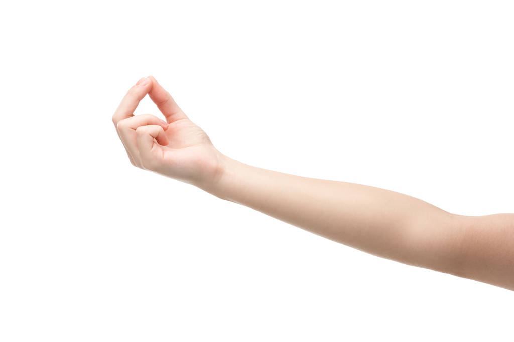 vista cortada da mulher mostrando gesto de meditação isolado no branco
 - Foto, Imagem