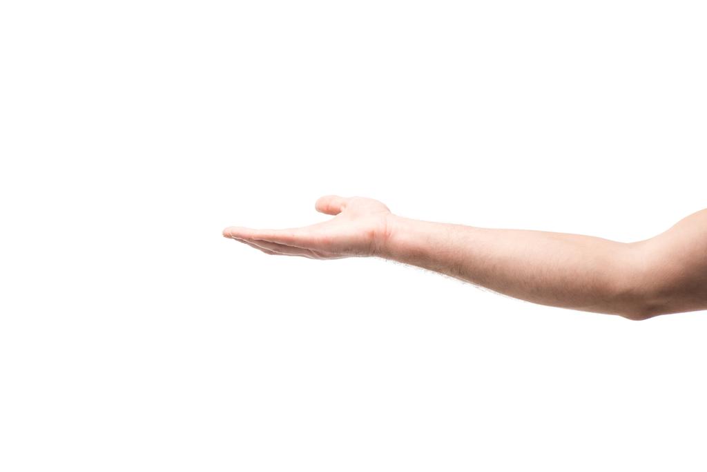 καλλιεργημένη άποψη του ανθρώπου που δείχνει με το χέρι απομονώνονται σε λευκό - Φωτογραφία, εικόνα