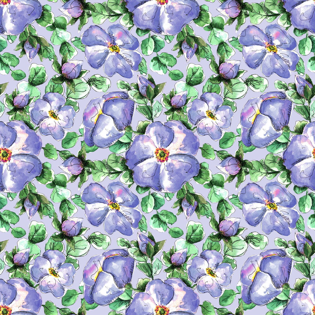 Zökkenőmentes akvarell minta kézzel rajzolt korall vadrózsa virágok a nyomtatási és textil design. világoskék virágok és rügyek, zöld csipkebogyó levelek kék alapon - Fotó, kép