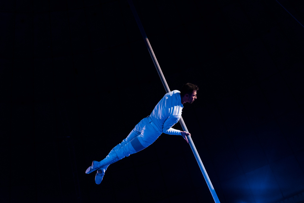 knappe acrobaat balanceren in arena van circus  - Foto, afbeelding