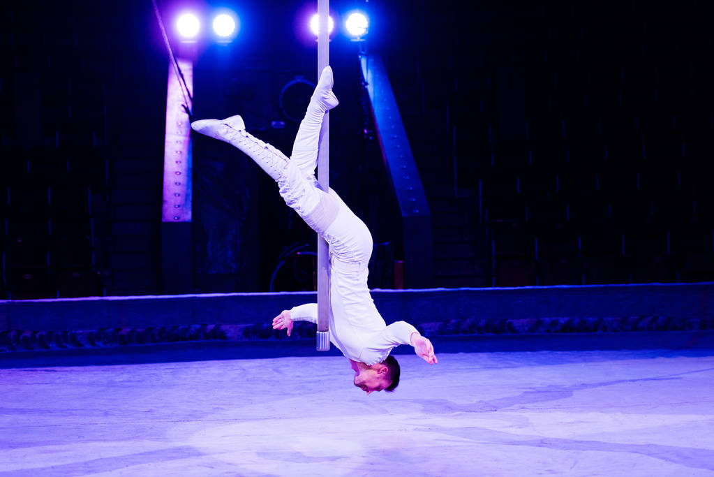 акробат, выступающий на шесте на арене цирка
  - Фото, изображение