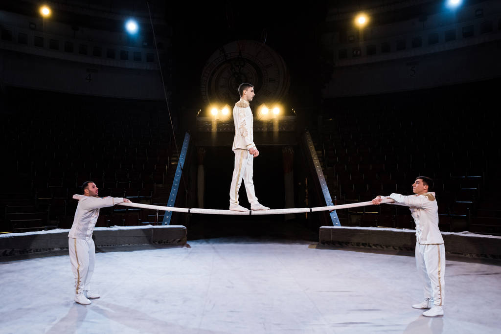 widok z boku gimnastyka ćwiczenia na słupie w pobliżu akrobatów w cyrku - Zdjęcie, obraz