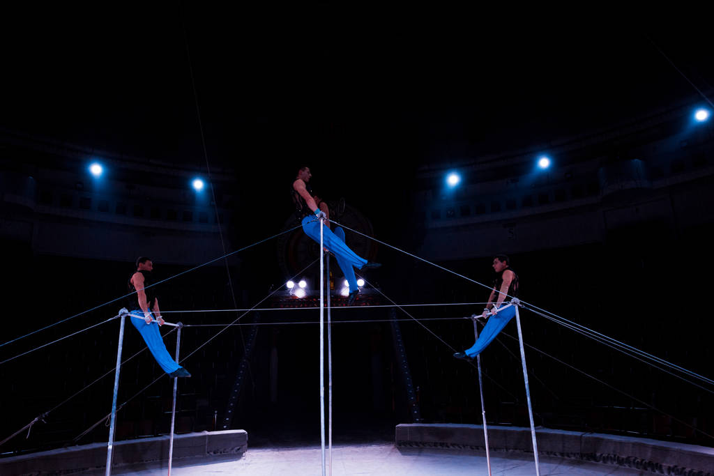 handsome acrobats performing on horizontal bars in circus   - Photo, Image