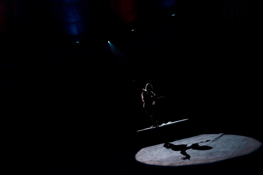 Silhouette eines Luftakrobaten am Seil im Zirkus  - Foto, Bild