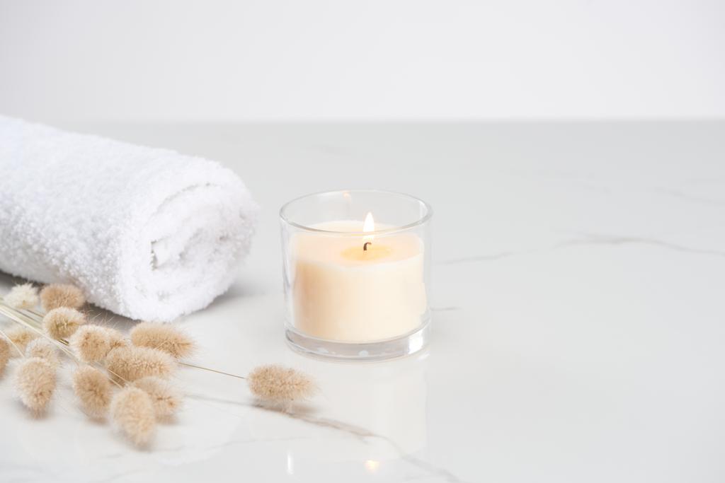 fluffy bunny tail grass near burning white candle in glass and rolled towel on marble white surface - Photo, Image
