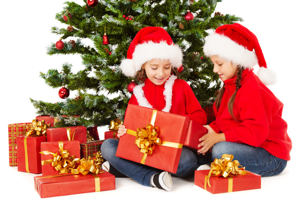 Natal crianças em Santa chapéu caixa de presente aberta
 - Foto, Imagem