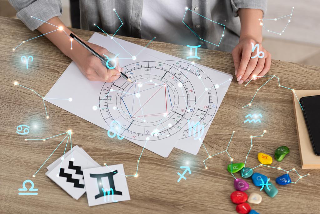 Cropped view of woman drawing natal chart by zodiac signs and constellations - Photo, Image