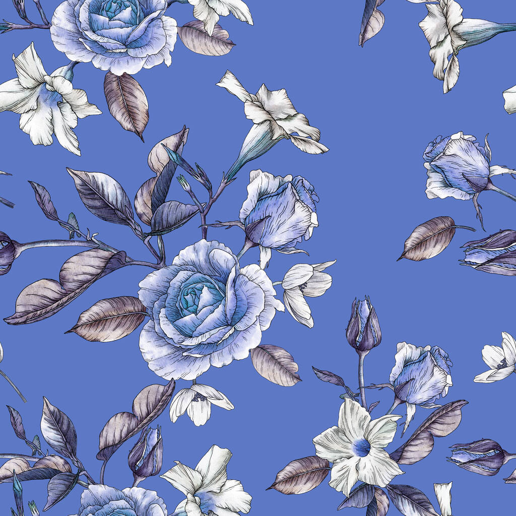 Virágos zökkenőmentes minta akvarell kék rózsákkal és fehér virágokkal - Fotó, kép