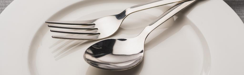 Γκρο πλαν άποψη του κουτάλι και πιρούνι σε καθαρό πιάτο, πανοραμική βολή - Φωτογραφία, εικόνα