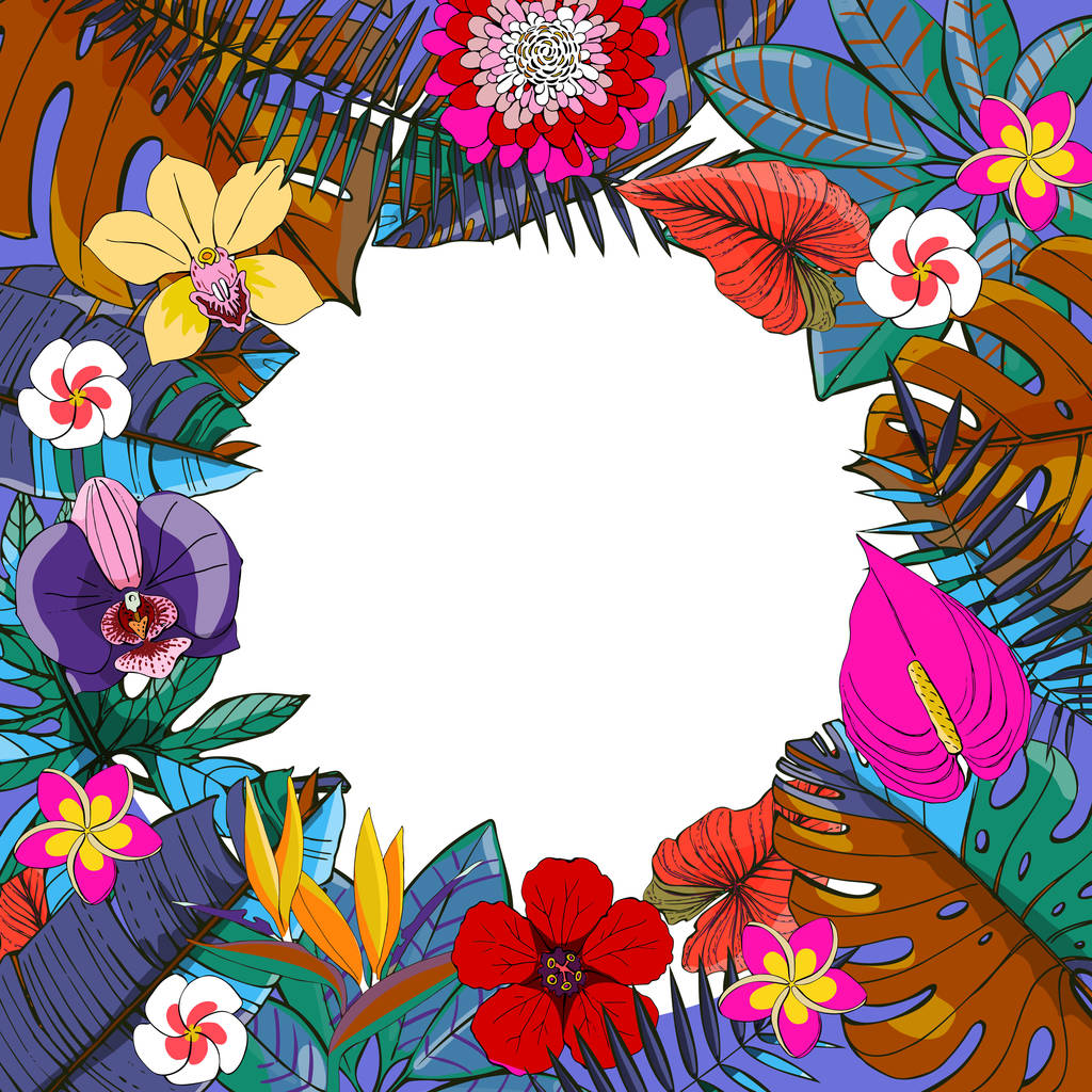Tropisch vectorontwerp met exotische palmbladeren, hibiscus, orchideeën bloemen - Vector, afbeelding