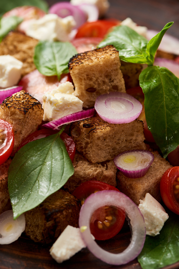 vista de perto de deliciosa salada de legumes italianos panzanella
 - Foto, Imagem