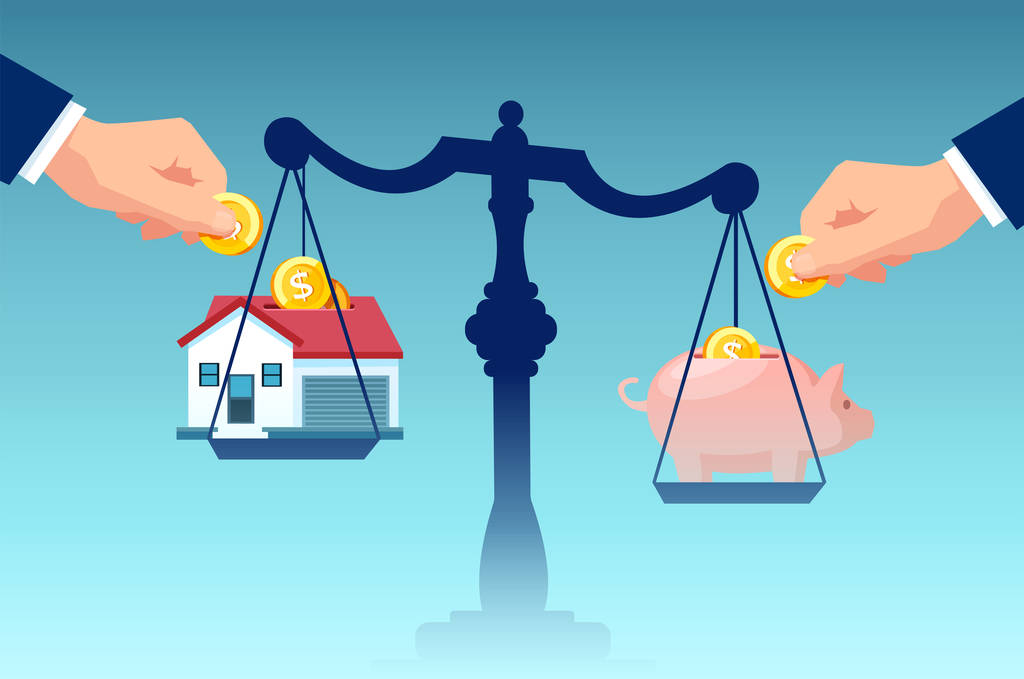 Vector of scales with a house and piggy bank - Vector, Image
