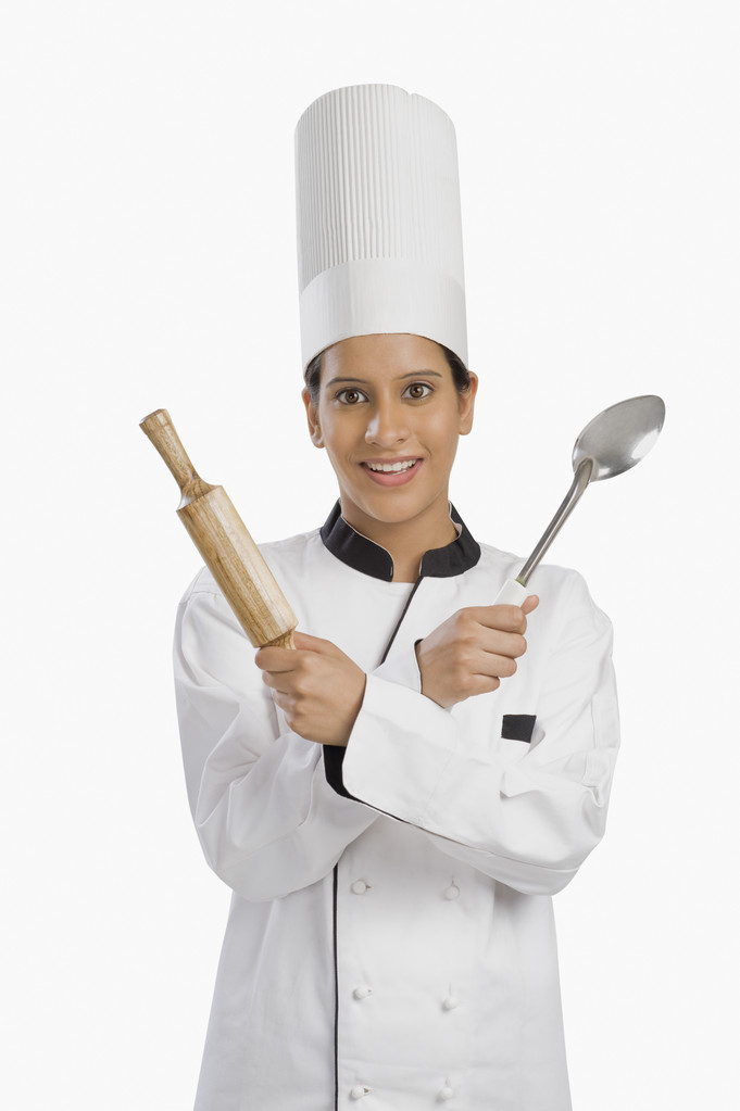 kobieta kucharz trzyma wałek i kadzi - Zdjęcie, obraz