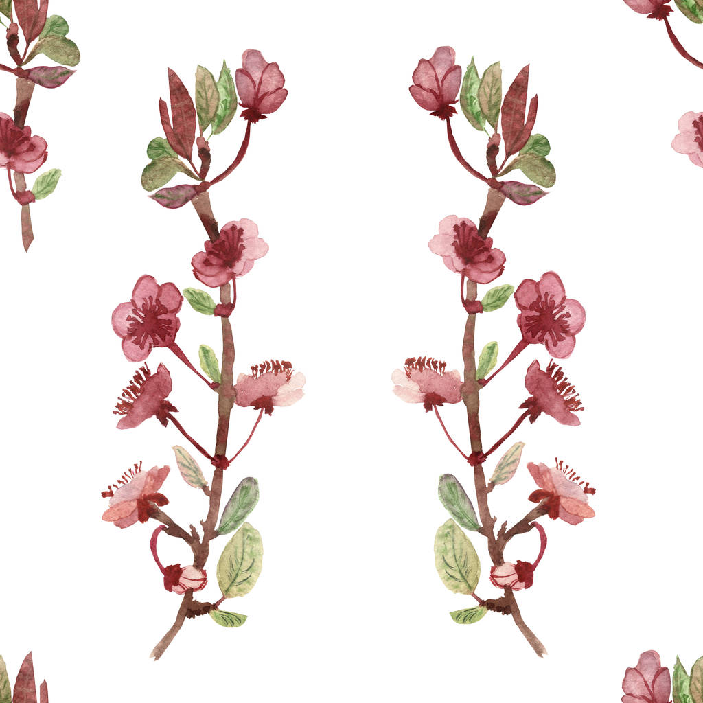 Aquarell handbemalt Natur florales nahtloses Muster mit Apfelblüten rosa Blüten an den Zweigen mit grünen Blättern isoliert auf weißem Hintergrund, trendiger Druck für Designelemente  - Foto, Bild