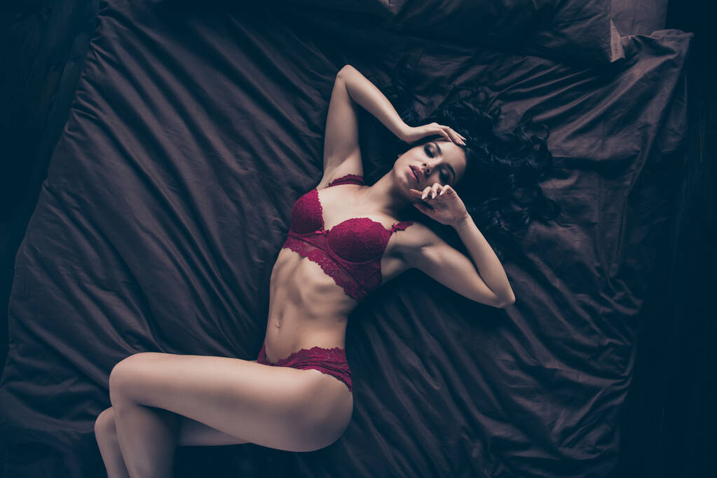 Close up top above high angle view photo beautiful tenderness can not wait anymore she her lady wife ideal shapes belly hips skin lying sheets nude red bikini boudoir lover room indoors bedroom - Photo, Image