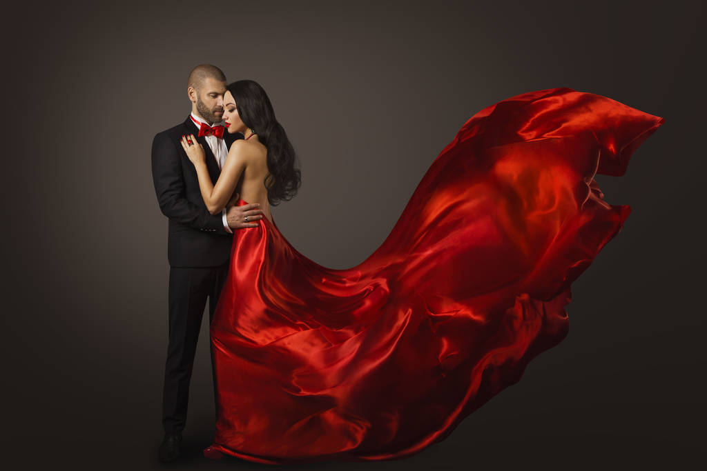 Couple Beauty Portrait, Beautiful Woman Dancing in Red Dress - Photo, Image