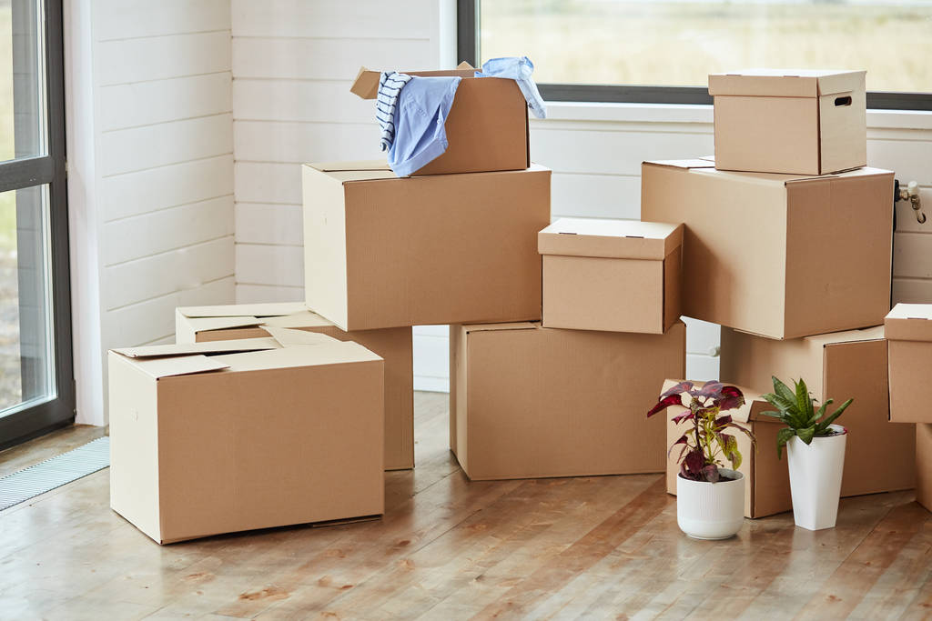 Boîtes en carton avec effets personnels articles ménagers dans le salon moderne le jour du déménagement
 - Photo, image