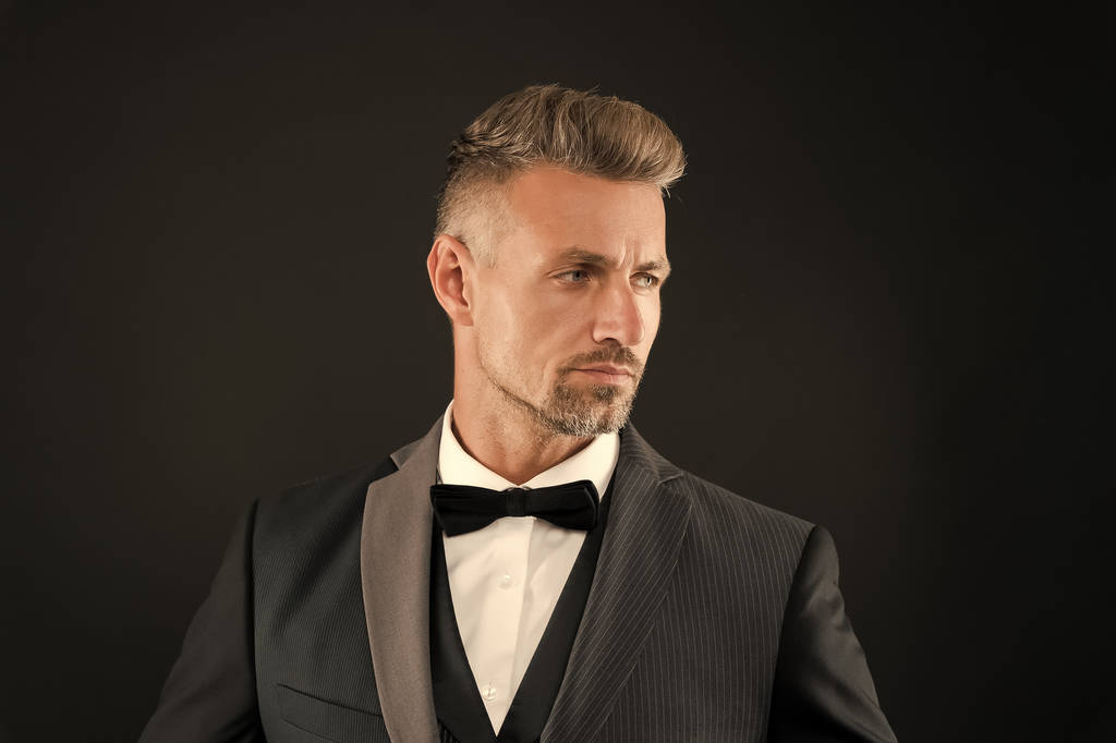 Refinement in every detail. Fashion shop. Rent suit service. Elegant fashion outfit for event. Gentleman modern style. Guy well groomed handsome macho wear tuxedo. Fashion clothes. Tailored suit - Photo, Image