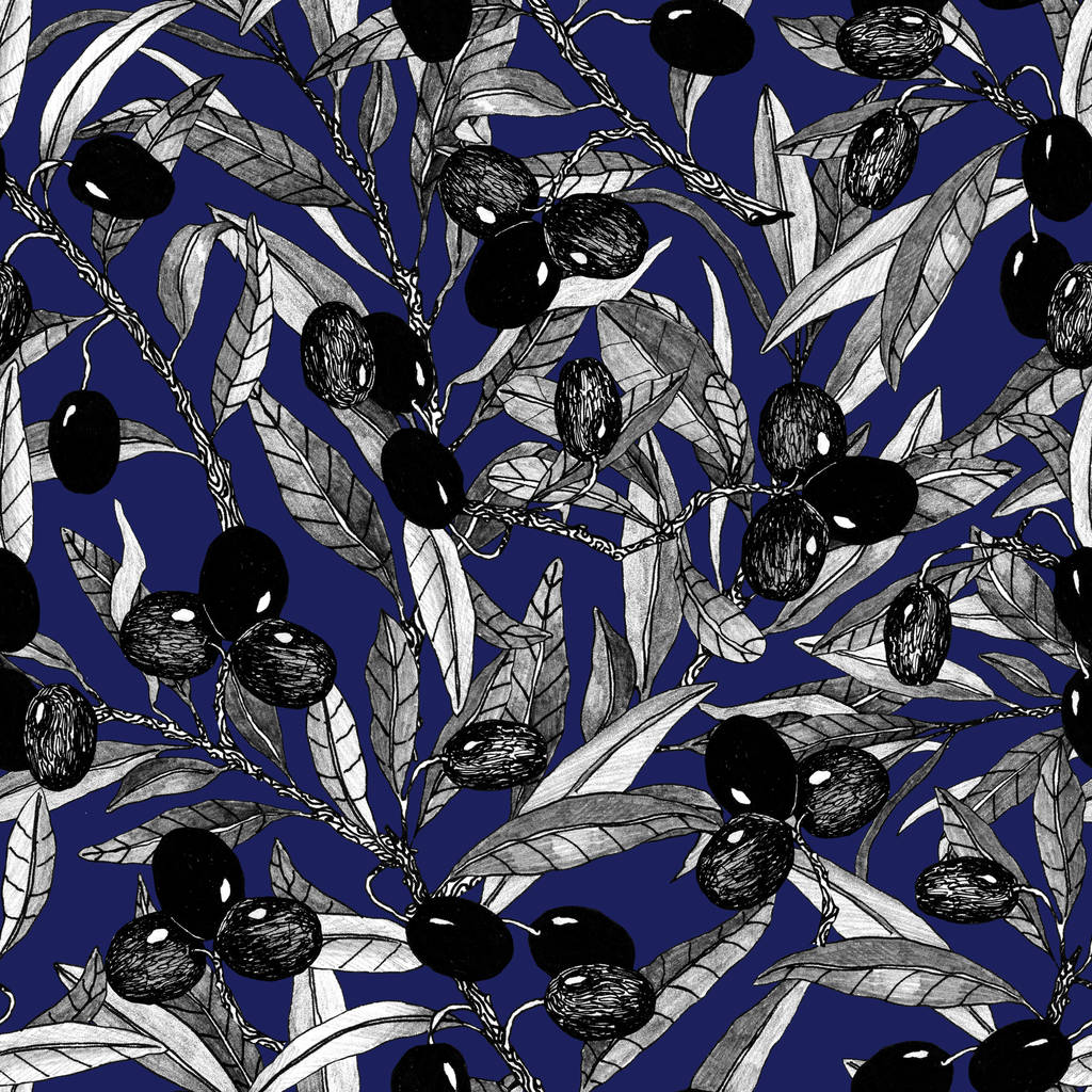 Оливкова гілка безшовний візерунок на класичному синьому фоні. Натуральна рука намальована тло. Дизайн з оливками для оливкової олії або косметичних продуктів. Чорно-білий ботанічний ескіз
 - Фото, зображення