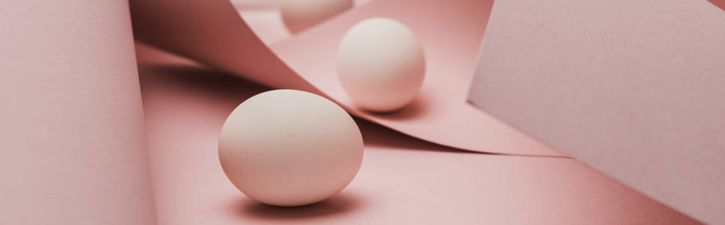 επιλεκτική εστίαση των αυγών κοτόπουλου σε σπειροειδές χαρτί ροζ στροβίλους, πανοραμική λήψη - Φωτογραφία, εικόνα