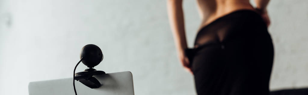 Панорамний знімок сексуальної дівчини, що знімає спідницю спереду на ноутбуці з веб-камерою, вибірковий фокус
 - Фото, зображення