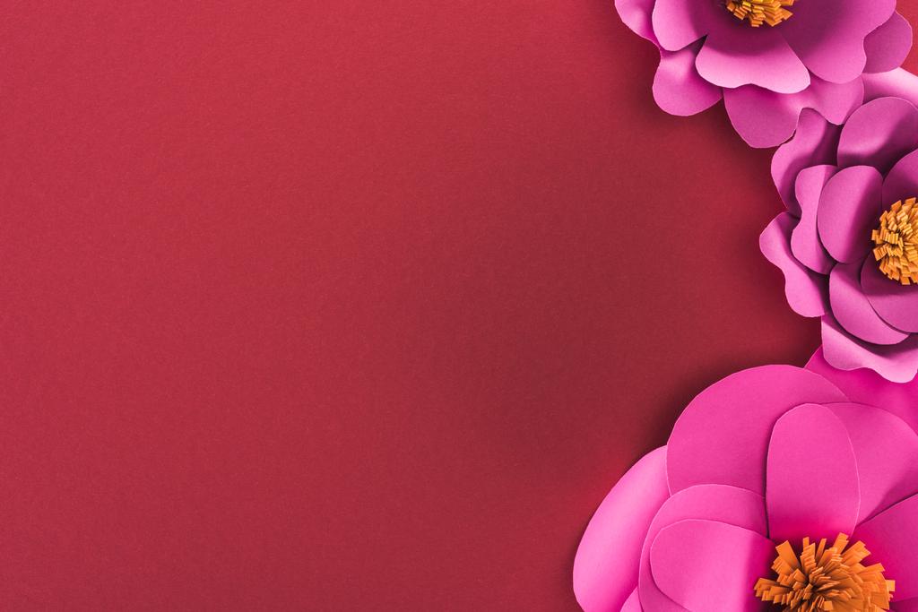 Draufsicht auf Papier rosa Papierblumen isoliert auf rot - Foto, Bild