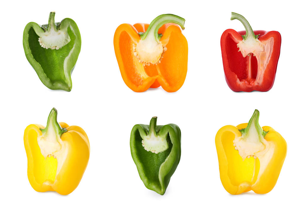 Set of different cut ripe bell peppers on white background - Photo, Image