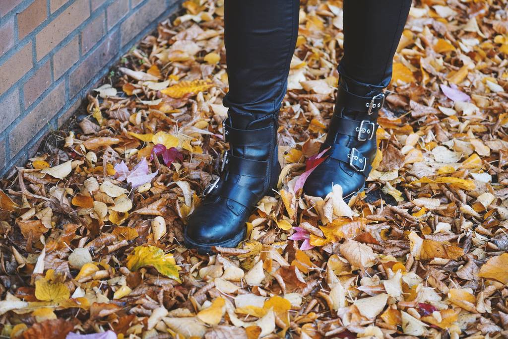 Osoba w czarnych skórzanych butach spacerująca po kolorowych liściach - Zdjęcie, obraz