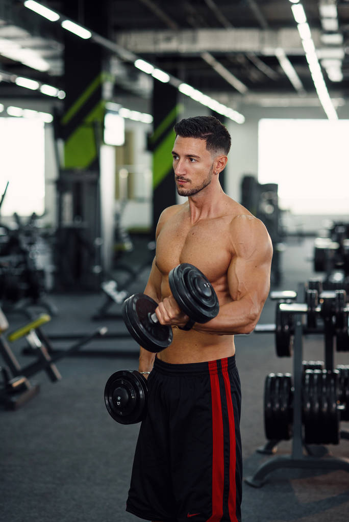 Sportowy fitness człowiek robi ćwiczenia dla bicepsów za pomocą hantli na stylowym tle siłowni. - Zdjęcie, obraz