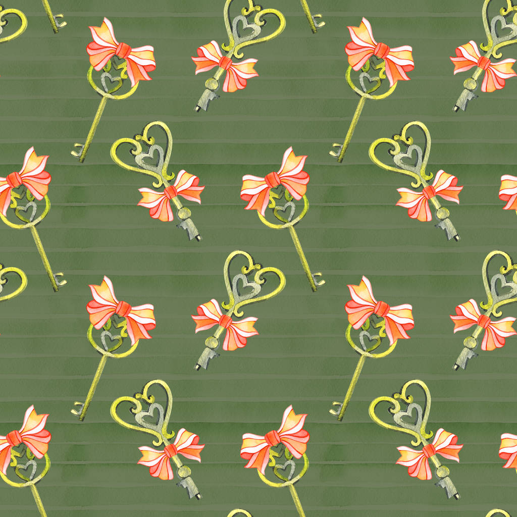 Seamless background pattern with love keys. Watercolor hand drawn illustration - Photo, Image