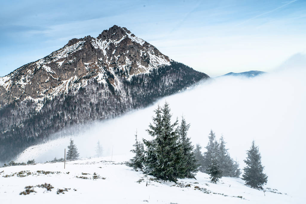 Mist en sneeuw in rotsachtige bergen. Witte ruimte, Hoge kwaliteit foto - Foto, afbeelding